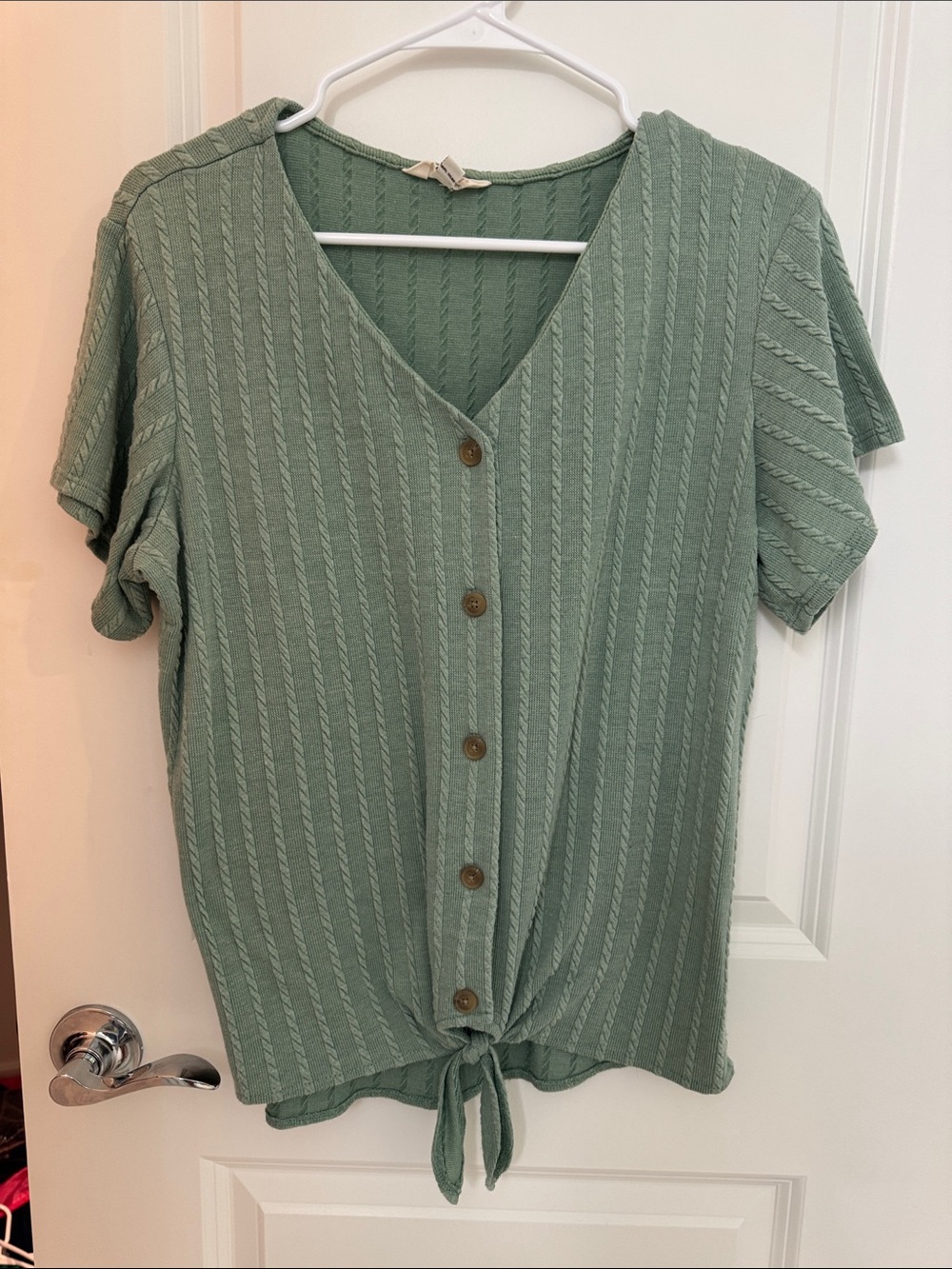 Weatherproof Sage Green Button-Front Tie-Hem Short Sleeve Top